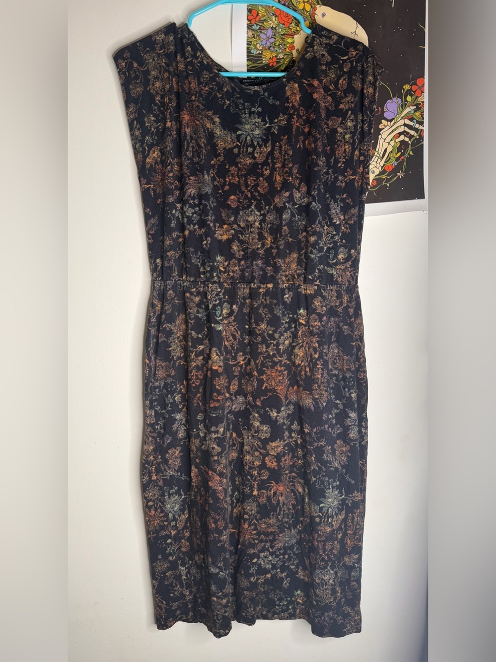 Peruvian Connection Black Floral Midi Dress with Rust and Sage Accents